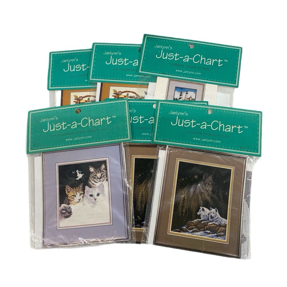 Lot Of 6 Janlynn’s Just-a-Chart Counted Cross Stitch Sealed Packages
